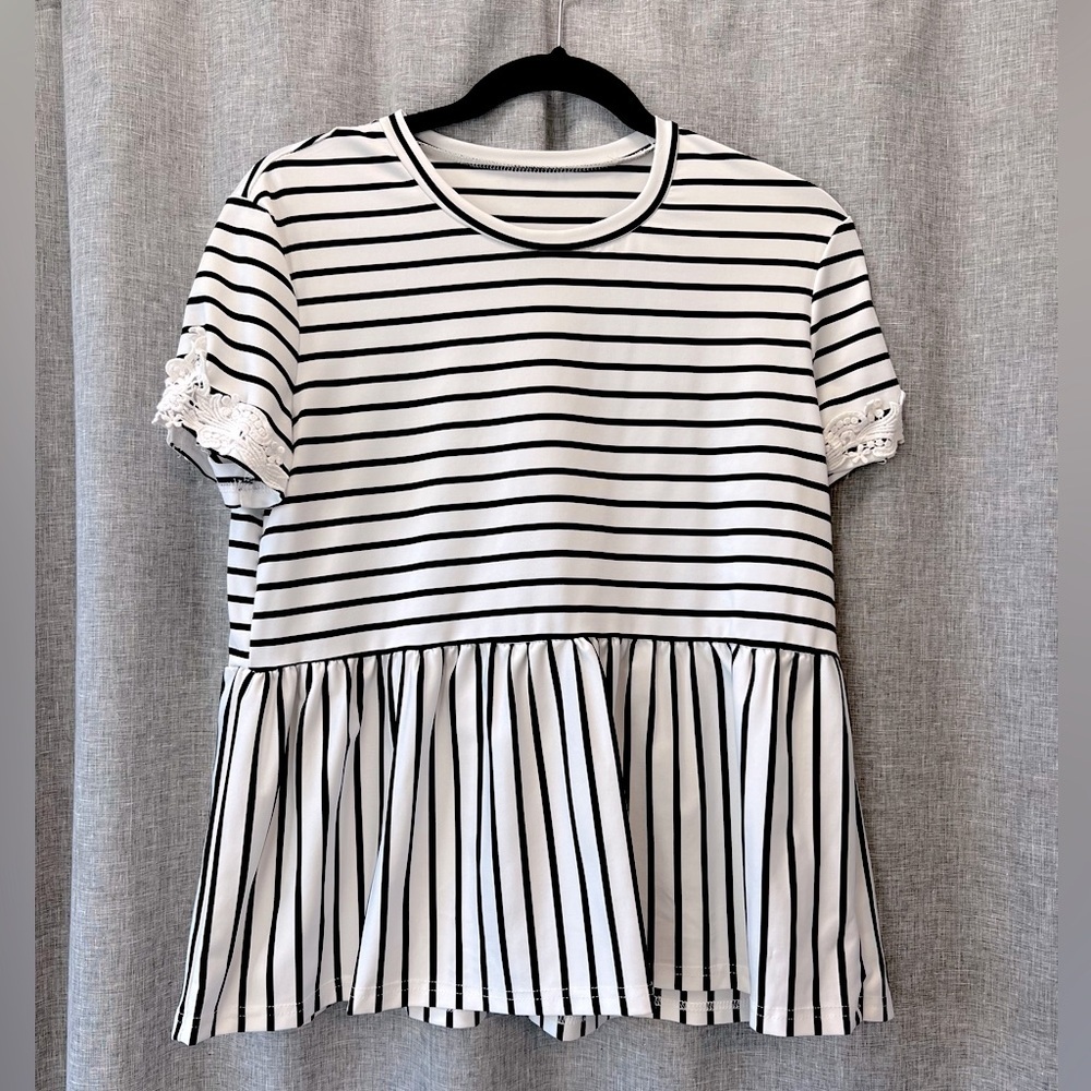 Shein Medium Striped Peplum Top with Lace Sleeves | Like New